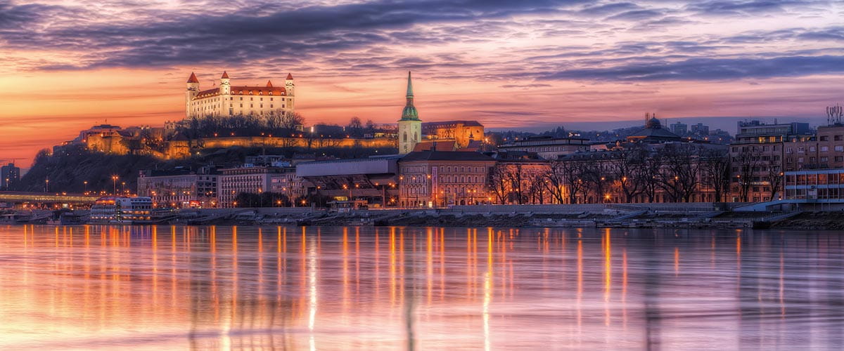 A view across the Danube river, towards Bratislava at sunset, Slovakia